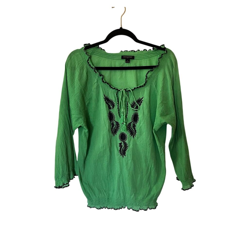 Banana Republic Factory Green and Navy Embroidered Gauze Top SZ L
